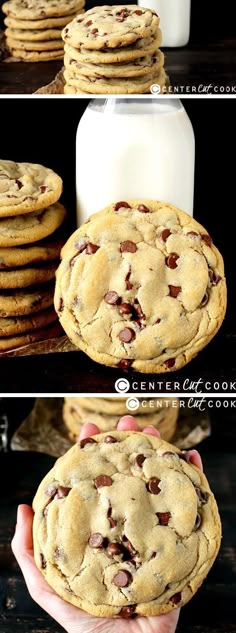 chocolate chip cookies are stacked on top of each other with milk in the background and one being held by someone's hand