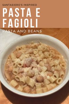 pasta e fagioli in a white bowl on a wooden table with text overlay