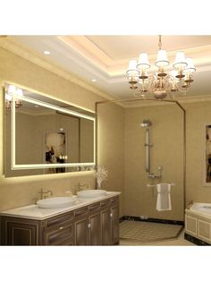 a bathroom with two sinks and a bathtub next to a mirror on the wall