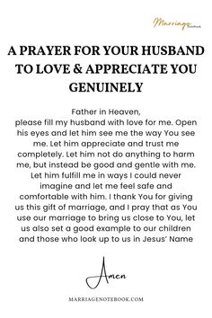 a prayer for your husband to love and appreciate you