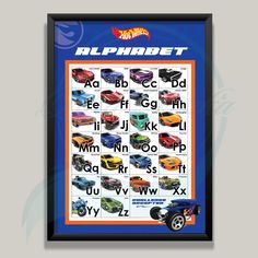 a framed poster with the alphabet and cars on it's back side, in black frame