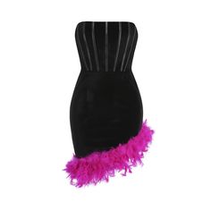 Elevate your style with our Two Tone Feather Trim Asymmetrical Hem Velvet Dress. This elegant black dress features a hot pink feather trim, adding a pop of color to the classic bodycon silhouette. The strapless design and lace up back provide a flattering fit, perfect for any special occasion. Fabric: Non-Stretch Material: Polyester Pink Asymmetrical Mini Dress For Evening, Pink Asymmetrical Evening Mini Dress, Black Mini Dress For Club With Asymmetrical Hem, Black Mini Dress With Asymmetrical Hem For Club, Fitted Mini Dress With Asymmetrical Hem For Club, Asymmetrical Black Mini Dress For Club, Fitted Asymmetrical Dress For Costume Party, Fitted Dress With Asymmetrical Hem For Costume Party, Black Asymmetrical Mini Dress For Club