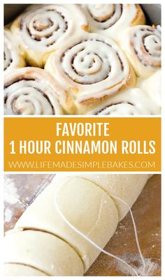 cinnamon rolls in a pan with text overlay that reads favorite 1 hour cinnamon rolls