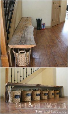 two pictures of the same room with baskets on each shelf and an entryway bench