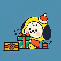 a cartoon dog with a santa hat and presents