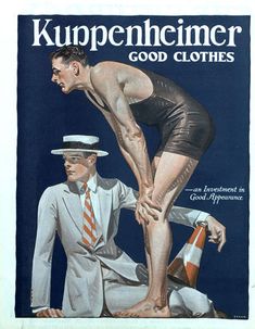 an old magazine cover shows two men in swimsuits, one with his foot on the ground