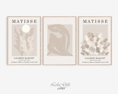 three posters with different types of flowers and leaves on them, one is for matissee