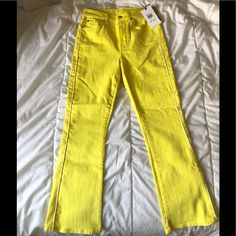 New Flourecent Yellow Flare Leg Retro White Stripe Down Side Of Legs 94% Cotton High Rise Yellow Jeans For Spring, Yellow High Rise Jeans For Summer, Yellow Jeans For Spring, Trendy Yellow Straight Leg Jeans, Fitted Yellow Jeans For Summer, Casual Yellow Flare Bottoms, High Waist Yellow Cotton Jeans, Yellow High Waist Denim Jeans, Fitted Yellow Denim Bottoms