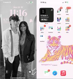 a man and woman standing next to each other in front of a tiger decal