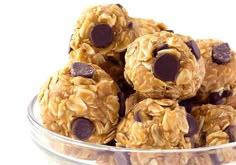 chocolate chip granola balls in a glass bowl