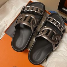 Hermes Nappa Extra Sandals 38 Gris Argent Brand New With Box Purchase At Plam Beach Fl Purchased 2 Sandals At Same Time, Will Keep One For My Self, But I Love Both Hermes Oran Sandals Gray, Hermes Extra Sandal, Silver Open Toe Sandals For Galas, Designer Silver Open Toe Sandals, Luxury Silver Sandals With Removable Insole, Modern Silver Slip-on Sandals, Luxury Silver Open Toe Sandals, Luxury Silver Sandals With Round Toe, Designer Silver Sandals With Round Toe