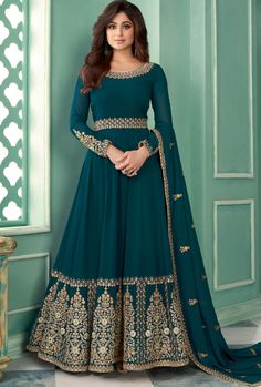 Elegant Anarkali Suit . Stitching Option - We will email you the measurement guide to confirm your size. FABRIC: Real Georgette, Silk Santoon DUPPATA FABRIC: Real Georgette COLOR: Blue WORK: Embroidery SIZE: Can be stitched up-to 48" inches The product will be shipped within 1 - 2 weeks from the date of purchase. Product is returnable if un-Stitched This product qualifies for free shipping For any Rush/Urgent orders please email us at customercare@desiroyale.com We will try our best to accommoda Blue Anarkali, Shamita Shetty, Indian Anarkali, Georgette Anarkali, Designer Anarkali Suits, Long Anarkali, Gown Suit, Georgette Dupatta, Eid Outfits