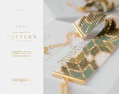 a close up of a bracelet on top of a white table with gold chains and beads