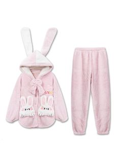 Pink Bunny Cozy Dreamy Winter Flannel Pajama Set-ntbhshop Comfortable Lounging Sets For Winter, Cozy Pink Loungewear Sets, Cute Hooded Sleepwear For Lounging, Comfy Winter Sleepwear For Pajama Party, Comfy Sleepwear For Pajama Party In Winter, Pink Soft Winter Sleepwear, Cute Hooded Sleepwear For Sleepover, Soft Pink Winter Sleepwear, Comfy Pink Sleepwear For Winter