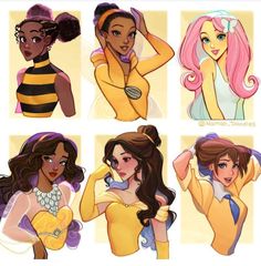 four different disney princesses with their hair in various styles and hairstyles, all wearing