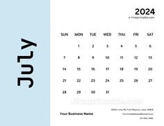 a blue and white calendar with the word july in black on it, sitting next to a