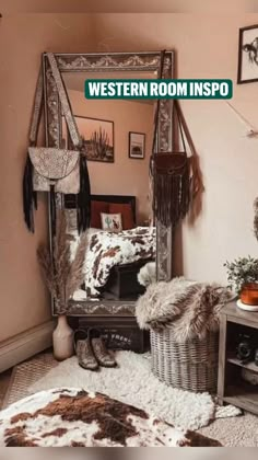 the western room is decorated in brown and white colors with fur rugs on the floor