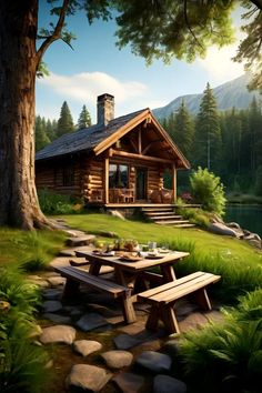 a cabin with picnic tables in front of it