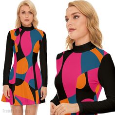 Dive into the mesmerizing world of 60s fashion with our Abstract Opt Art Mod Dress. This GOGO Dress is a stunning representation of the iconic Mod style, featuring a vibrant and artistic pattern in shades of blue, pink, black, and orange. The abstract geometric design adds a touch of avant-garde flair, making it a standout piece for any vintage enthusiast. The mini dress silhouette pays homage to the energetic and free-spirited vibes of the 60s, creating a perfect blend of retro and contemporary Multicolor Retro Print Mini Dress, Multicolor Mini Dress With Retro Print, Fitted Mini Dress With Retro Print In 70s Style, Fitted Mini Dress With Retro Print, 70s Inspired, Multicolor Mod Mini Dress For Party, Mod Multicolor Mini Dress For Party, Retro Print Mod Mini Dress, Multicolor Fitted Mod Dress, Mod Style Multicolor Fitted Dress