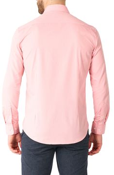 Lightweight and comfortable, this pale-pink shirt knows how to make an impression and looks great whether you wear it tucked or untucked. 27 1/2" length; 43" chest (size Medium) Spread collar Long sleeves Machine wash, line dry 100% polyester Imported Casual Pink Dress Shirt For Spring, Pink Fitted Long Sleeve Dress Shirt, Pink Long Sleeve Dress Shirt For Business Casual, Elegant Pink Slim Fit Dress Shirt, Pink Button-up Dress Shirt, Pink Collared Slim Fit Top, Pink Cotton Dress Shirt With Spread Collar, Pink Slim Fit Dress Shirt For Spring, Pink Slim Fit Collared Top