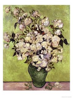 a painting of white flowers in a green vase on a table with a green wall behind it