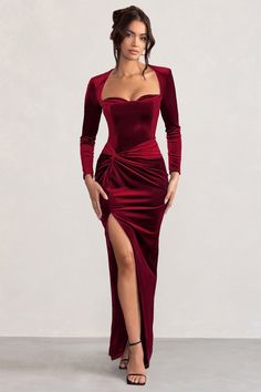 Fay Berry Velvet Corset Style Knot Maxi Dress – Club L London - USA Tight Long Dress, Knot Maxi Dress, Velvet Corset, Structured Shoulder, 파티 드레스, Split Maxi Dress, Split Dress, Formal Dresses For Women, Corset Style