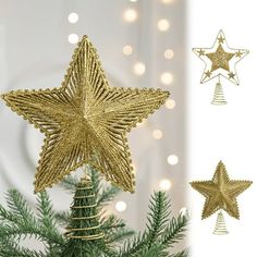 a gold star ornament sitting on top of a christmas tree next to other ornaments