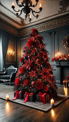 a christmas tree decorated with red flowers and poinsettis