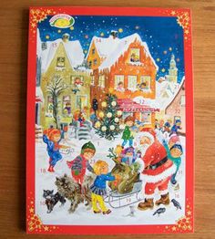 a christmas card with children playing in the snow and santa claus on his sleigh