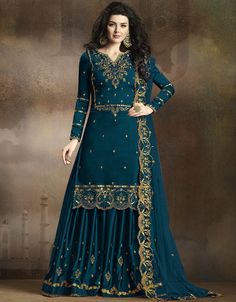 Teal Lehenga style Suit Rangoli Silk अनारकली सूट, Silk Sharara Suit, Lehenga Kameez, Silk Sharara, डिजाइनर कपड़े, Floor Length Anarkali, Blue Lehenga, Lehenga Style, Sharara Suit