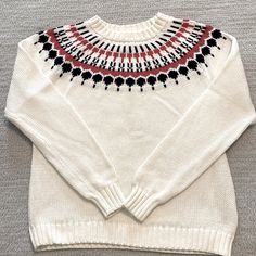 Size Large. Worn Only Once, Like Brand New. White Knit Tops With Fair Isle Pattern, White Long Sleeve Tops With Fair Isle Pattern, White Long Sleeve Top With Fair Isle Pattern, White Long Sleeve Nordic Top, White Nordic Sweater With Fair Isle Pattern, Nordic Style White Sweater With Fair Isle Pattern, Colorful Sweaters, White Blue, J Crew