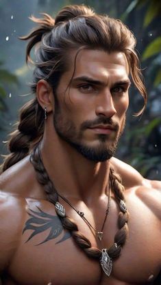 a man with long hair and braids on his chest is looking at the camera