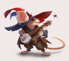 a mouse with a red hat playing a musical instrument