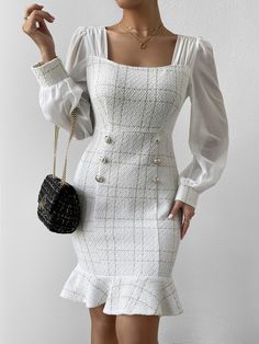 Plaid Bodycon Dress, Short Bodycon Dress, Elegant Outfits, Classy Work Outfits, Causual Outfits, Tweed Dress, Elegantes Outfit, Dress For Short Women, Hem Dress