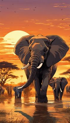 an elephant is standing in the water with other elephants behind it at sunset or dawn