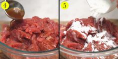 two pictures showing how to mix meat in a blender