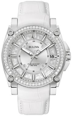 Bulova watch Model 96J122
From the ICON collection, this watch is an astonishing interpretation of modern design, fueled by the most advanced precisionist technology in Bulova. Distinguished by angular lines and pronounced facets, the 40 mm silver stainless steel case has a siller set by hand with 52 diamonds full dazzling size of 1.5 mm totaling 0.79 CT. The case is equipped with curved sapphire ice cream and is waterproof to 100 m. A radiant silver dial has a grooved texture and is segmented b Mens Custom Jewelry, Adventurous Men, Engagement Ring Necklace, Custom Grillz, Band Bracelet, Icon Collection, Hand Jewelry, Hermes Bags, Watch Model