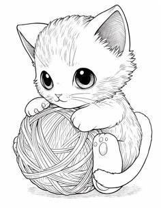 a coloring page with a kitten holding a ball of yarn in it's paws