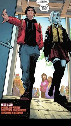 a comic book cover with two people walking in front of an open door and one person holding