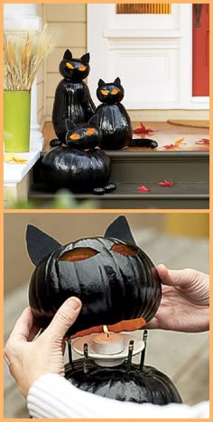 there are two pictures with black cats on them and one has a pumpkin in the shape of a cat