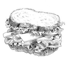 a black and white drawing of a sandwich