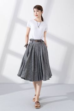 Linen Full Circle Skirt With Pockets Pleated High Waist Skirt - Etsy White A-line Skirt For Fall, Casual A-line Pleated Skirt For Fall, Casual A-line Pleated Skirt With Pockets, Gray Flared Flowy Skirt, Gray Flowy Flared Skirt, Summer Gray Pleated Skirt, White Knee-length Skirt For Fall, Fall A-line Pleated Skirt, Fall Full Skirt With Pleated Waist