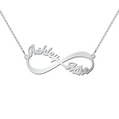 Sterling Silver Infinite Love Name Necklace | Jewlr Customizable Infinity Name Necklace For Anniversary, Elegant Silver Infinity Name Necklace, Infinity Engraved Name Necklace As Gift, Infinity Shape Custom Name Necklace For Anniversary, Silver Infinity Name Necklace, Infinity Engraved Name Necklace For Gift, Silver Infinity Name Necklace For Anniversary, Customized Infinity Name Necklace, Infinity Name Necklace For Anniversary Gift