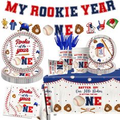 a baseball themed birthday party with plates, napkins and decorations