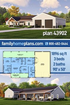 two story house plan with 3 beds and 2 baths in the front, an open floor plan