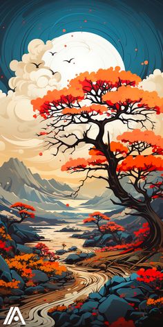 a painting of a tree with red leaves on it