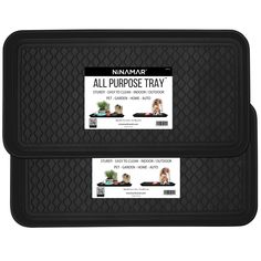 two black mats with the words, all purpose trays on each side and an image of