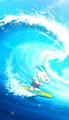 a cartoon dog riding on top of a surfboard under a wave in the ocean