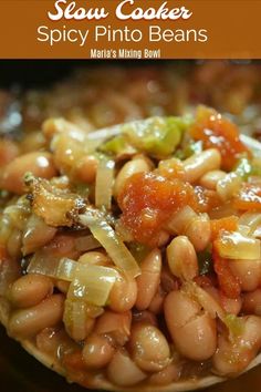 a spoon filled with beans and onions