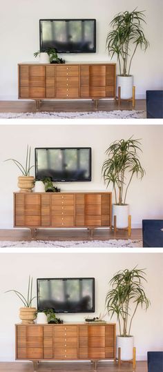 three pictures of the same television in different stages of being turned into an entertainment center